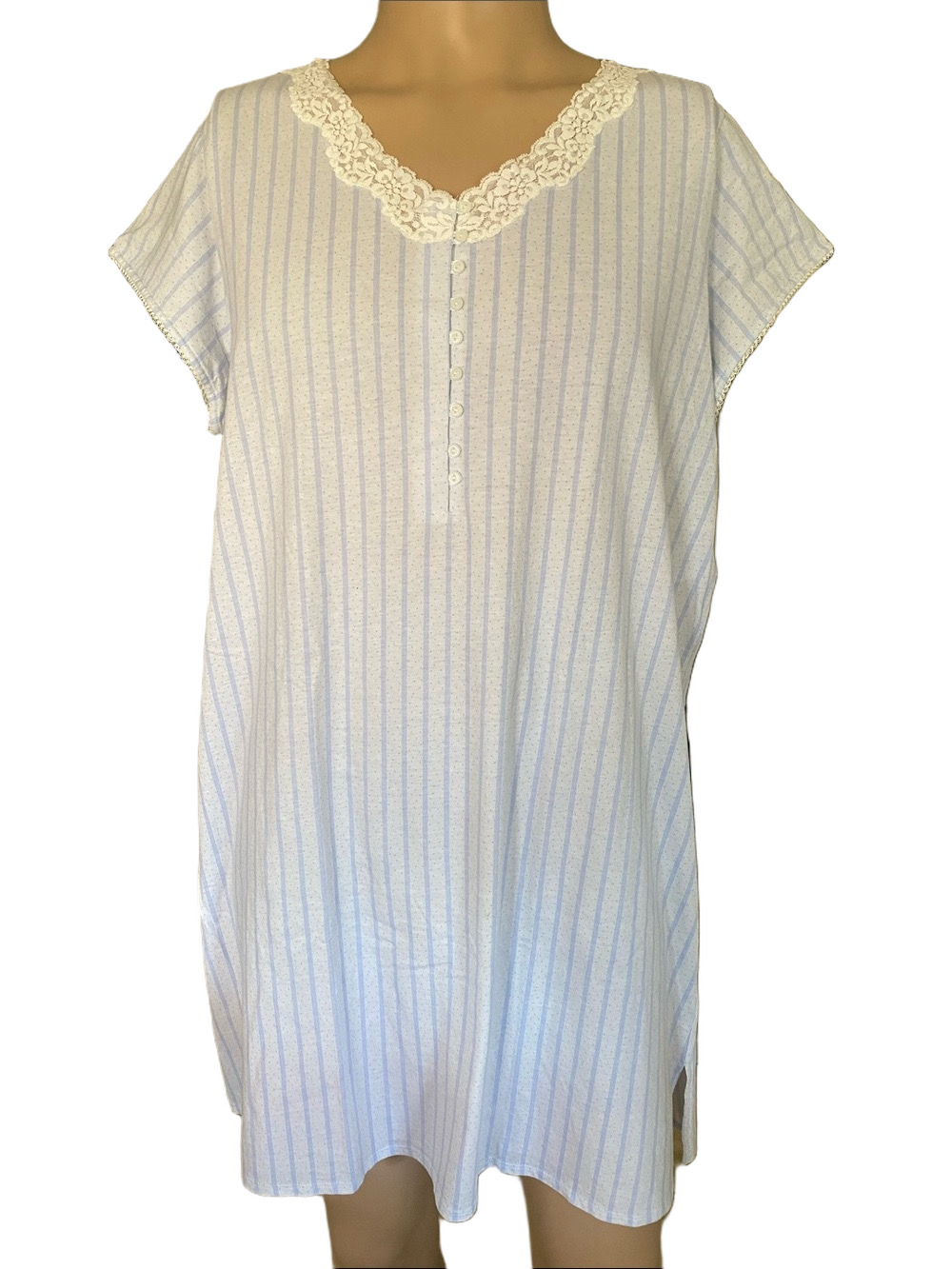 Eileen West White and Light Blue knit Striped Lace-Trim Nightgown